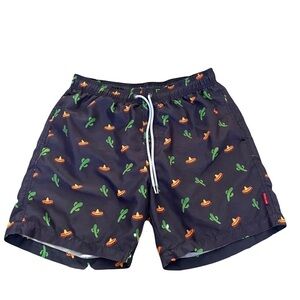 Hot Coals Sombrero and cactus navy blue swim trunks large